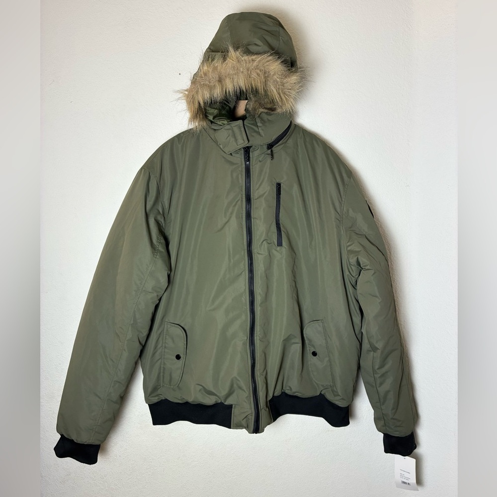 Totes Men's Olive Green Puffer Bomber Jacket with Faux Fur Hood 5X King Size